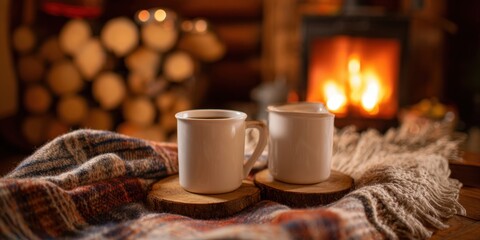 The cozy scene with two mugs by a warm fireplace on a soft blanket.