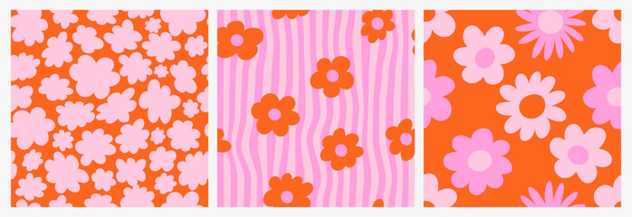 Set with seamless patterns groovy aesthetic. Spring mood. Cute pink and red flowers. Retro background for design and card, covers, package, wrapping paper.