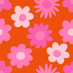 Seamless retro floral pattern with bold orange daisy-like flowers on a vibrant wavy pink background. Groovy and playful 70s-style vector design, perfect for textile, wallpaper, packaging, and digital 