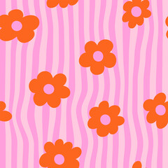 Seamless retro floral pattern with bold orange daisy-like flowers on a vibrant wavy pink background. Groovy and playful 70s-style vector design, perfect for textile, wallpaper, packaging, and digital 