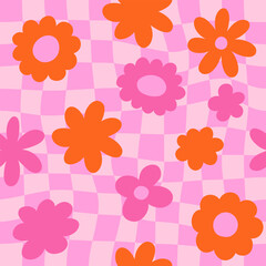 Seamless retro floral pattern with bold orange daisy-like flowers on a vibrant wavy pink background. Groovy and playful 70s-style vector design, perfect for textile, wallpaper, packaging, and digital 
