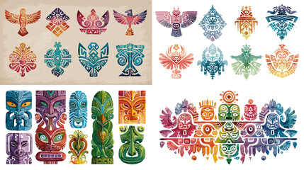 Colorful totem pole and spirit bird motifs with tribal geometric patterns in vibrant gradients. Ideal for ethnic, folklore, or symbolic visual projects.

