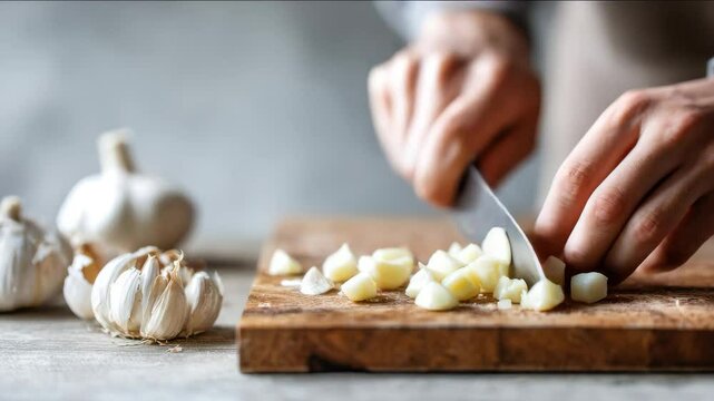 Chef's hands preparing chop garlic