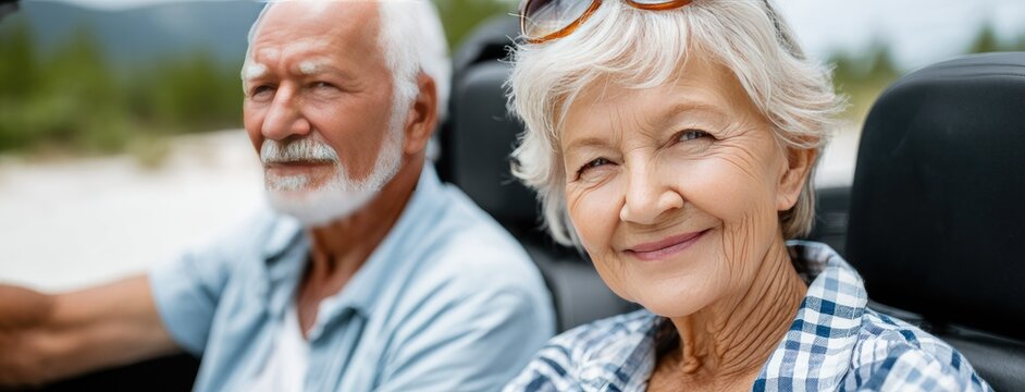 Smiling senior woman drives convertible along beach with husband enjoying view in the backseat during sunny day