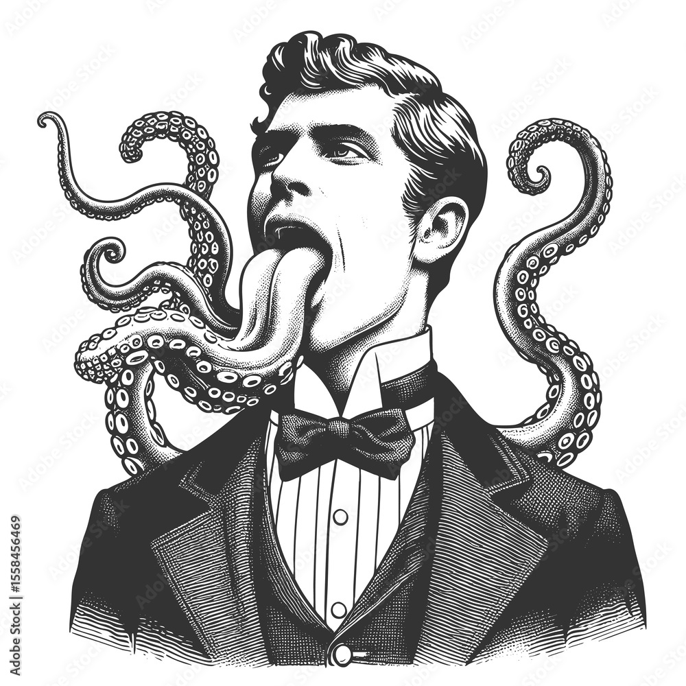 Poster man with a tentacle instead of a tongue, creating a surreal and bizarre effect sketch engraving gene