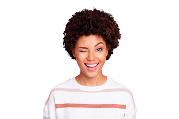 Photo of flirty cheerful charming fascinating cute black girlfriend blinking you smiling toothily beaming shine isolated over pink pastel color background