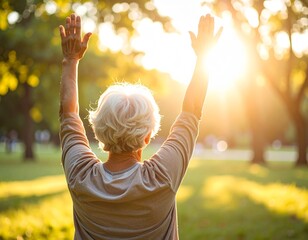 Elderly woman stretching arms