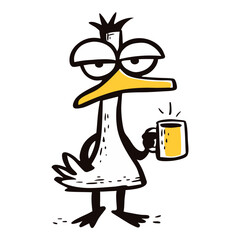 Sleepy cartoon duck icon holding a mug. Funny tired bird wake up concept. Humorous vector illustration.