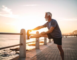 Man stretching by the sea