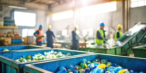 The recycling process in a busy waste management facility with dedicated workers.
