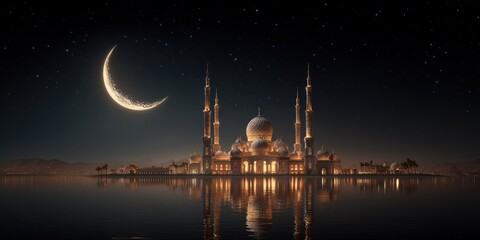 Fototapeta premium Ultra-Realistic 3D Render of Ramadan Celebration with Night Sky, Crescent Moon, and Islamic Architecture
