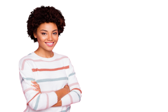 Photo of smart clever cheerful fun toothy black freelancer standing with hands folded smiling bright shiny near empty space wearing sweater white striped isolated pink pastel color background