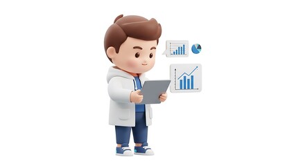 3D Cartoon Scientist Analyzes Data Charts on Tablet