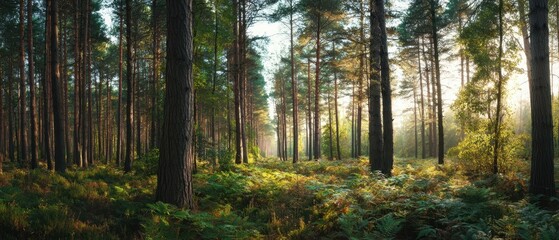 The serene forest bathed in golden sunlight illuminating lush greenery.