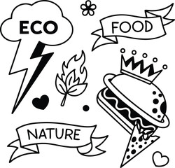 A vibrant vector set of vintage food icons perfect for restaurant labels, sale stickers, or holiday banner designs