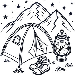 Here's a single sentence combining those elements:

Camping in the mountains with cartoon icons, an illustration of a sailboat on the ocean, and a sketch of a woman traveling in the summer