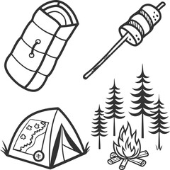 Hand-drawn vector camping icons collection with cartoon illustrations and symbols
