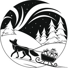 Christmas illustration of Santa Claus on his sled with reindeer and other winter animals