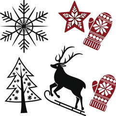 Set of Christmas and New Year elements with deer, reindeer, snowflake, and tree illustrations for holiday winter decoration