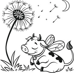 Cute cartoon black and white cow with flowers on its head, a funny farm animal illustration