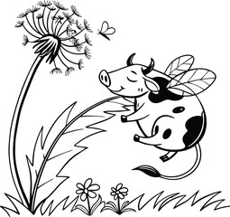 Black and white cartoon animal and flower illustration vector art design