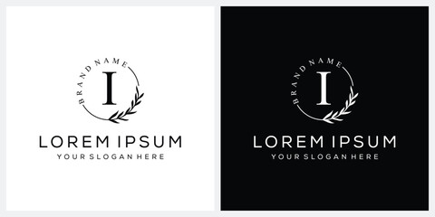 Initial letter I cosmetics fashion logo design, serif font graphic icon, leaves nature symbol concept