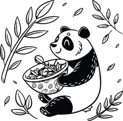 Cute cartoon baby panda bear in a bamboo jungle with a book, illustrating the fun wild nature of this giant Asian mammal