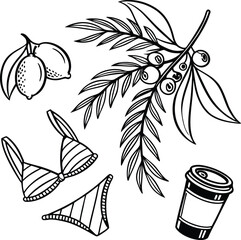 A vector illustration of a palm tree branch with a floral pattern and leaf silhouette