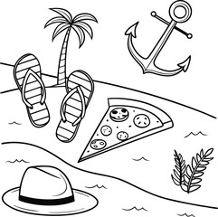 Vibrant vector illustrations depicting an idyllic tropical beach vacation with summer icons, palm trees, and ocean elements like boats and airplanes for travel tourism