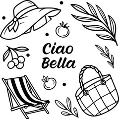 Vector illustration set of summer beach and vintage floral designs, perfect for nature-inspired food art or decorative fruit and vegetable patterns