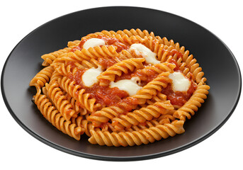 Delicious fusilli pasta presented on a dark plate, topped with rich tomato sauce and creamy mozzarella cheese, a culinary delight.