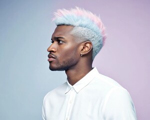 Obraz premium A young man with pastel blue and pink afro-textured hair poses in profile with a serious expression against a soft gradient background