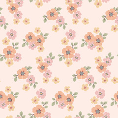 Seamless floral pattern, gentle liberty ditsy print of hand drawn blooming bouquets. Pastel botanical design, small hand drawn flowers, tiny leaves. Romantic garden textile print. Vector illustration.