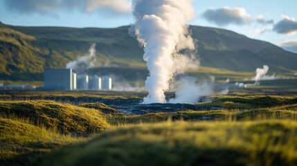 Fototapeta premium Geothermal energy production in iceland industrial landscape natural environment aerial view sustainability concept