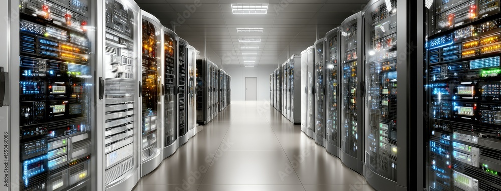 Poster high-tech data center filled with server cabinets illuminated by blue lights for optimal cloud compu