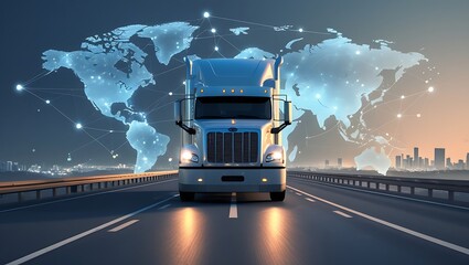 White Semitruck Driving on Highway with World Map Overlay at Dusk