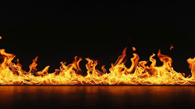 A long line of fire with a black background. The fire is very bright and the black background makes it stand out