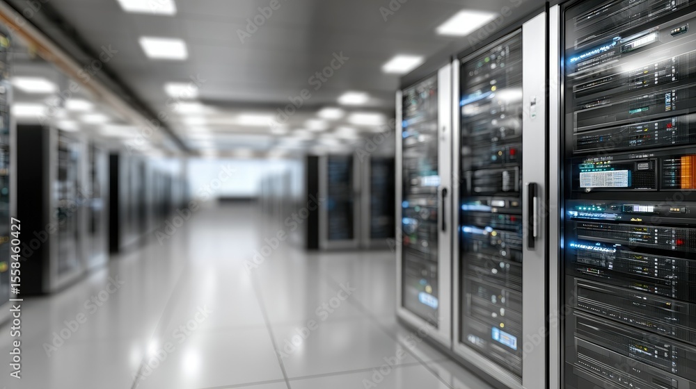 Poster high-tech data center featuring rows of powerful server machines with vibrant blue lights in a cinem