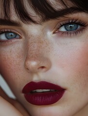 Fototapeta premium a close-up shot of a model's face with burgundy lips and winged eyeliner, the model's hand holding their head, against a white background