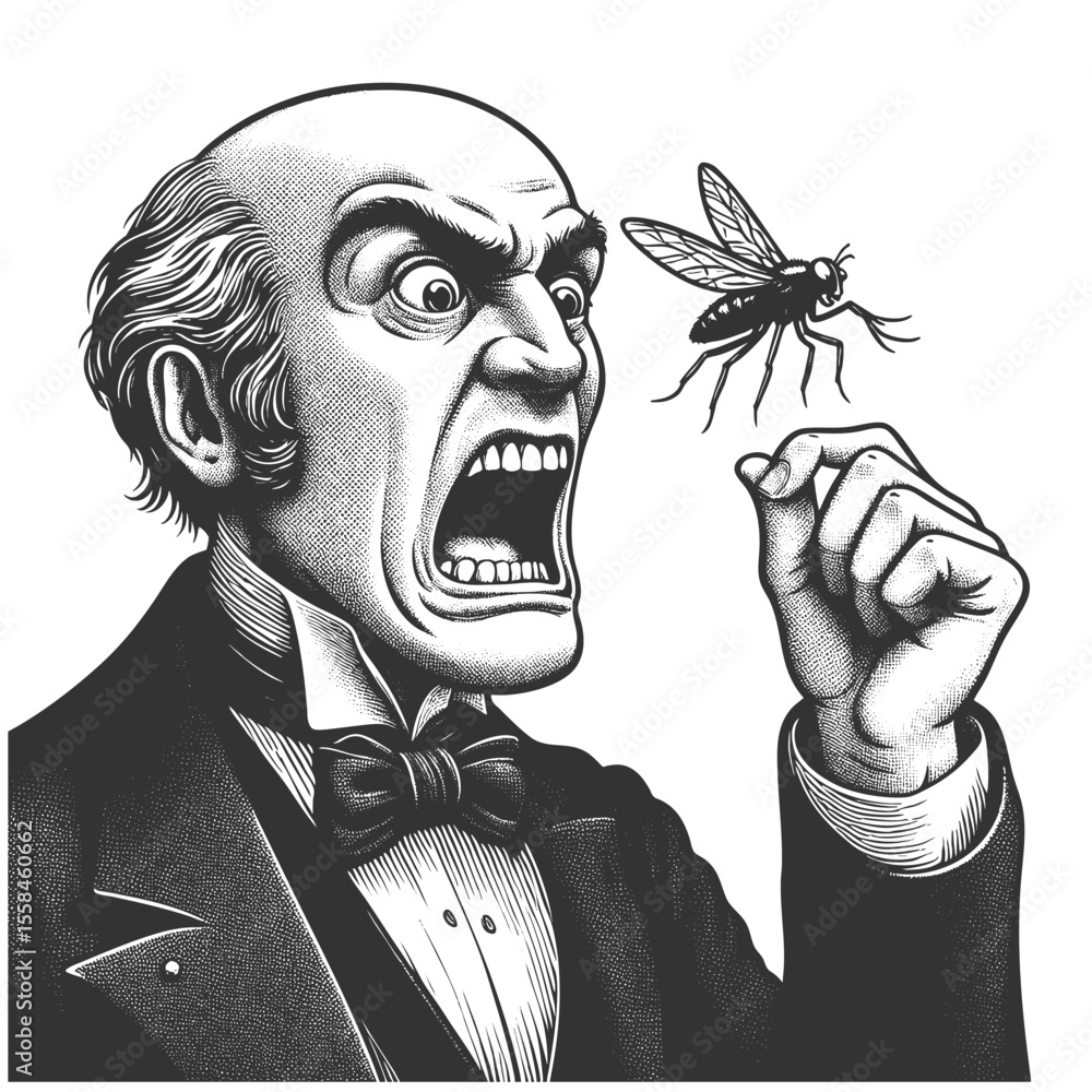 Poster furious man in formal attire shouting at a large mosquito perched on his hand sketch engraving gener