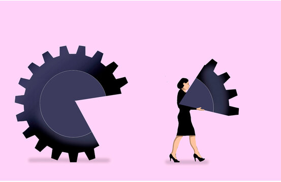 Illustration of a person carrying a gear piece symbolizing problem solving and innovation