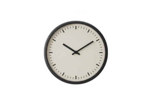 Classic round clock with black frame isolated on transparent background
