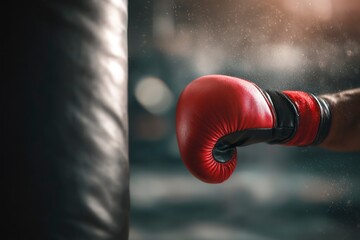 Red boxing glove hitting a black punching bag dust particles in the air