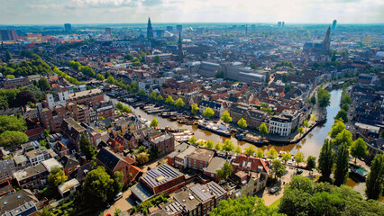 Aerial panorama view of the city Groningen in the Netherlands on a sunny morning in summer