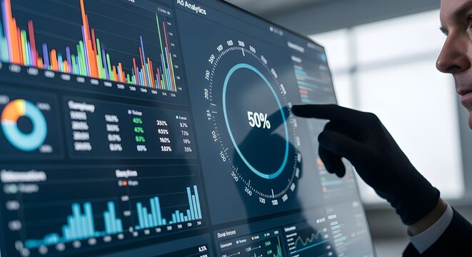 Man analyzing data on a large digital display