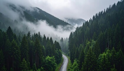 Obraz premium Misty Mountain Road Through Lush Forest