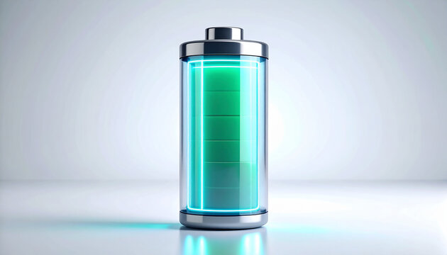 Glowing holographic battery icon with gradient neon fade, signaling energy depletion. Futuristic - Powered by Adobe