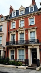 Obraz premium Elegant Victorian London Townhouse Imposing Brick Facade, Grand Windows, Ornate Detailing. Perfect for historical real estate, travel, and architectural projects.