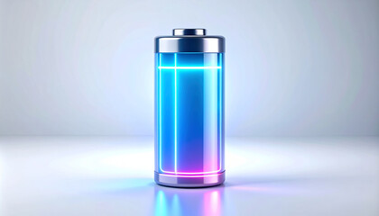 Glowing holographic battery icon with gradient neon fade, signaling energy depletion. Futuristic