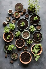 Spring Gardening Flatlay: Seeds, Seedlings, and Pots on Grey Surface, seed, gardening, spring, planting, plant, pot, 
